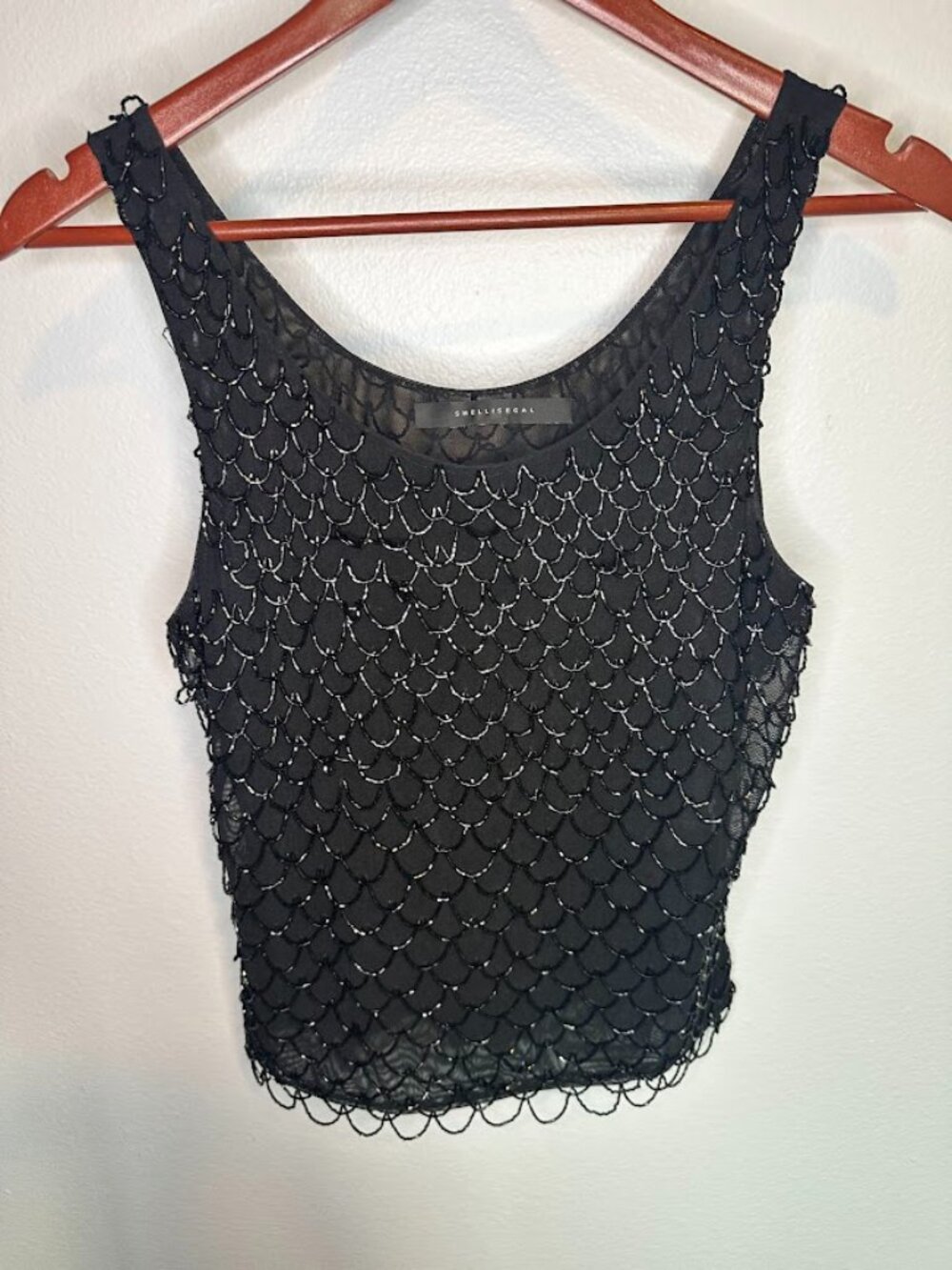 Vintage Shelli Segal 90s Y2K Whimsigoth Mermaid Scale Beaded Black Tank - 6